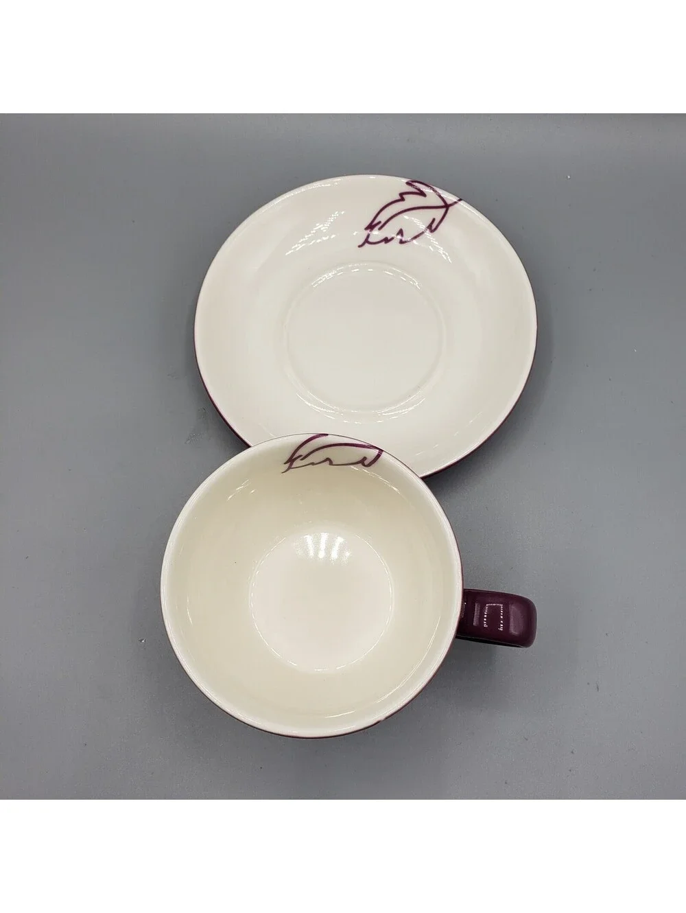 Starbucks Plum Embossed White Leaf  Teacup & Saucer 10oz 2007 Coffee Cup Mug Tea